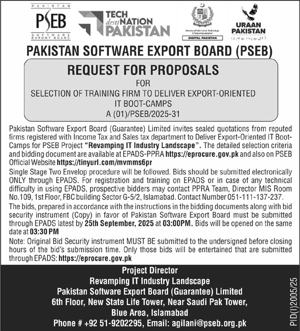 Pakistan Software Export Board Lahore Tender Notice